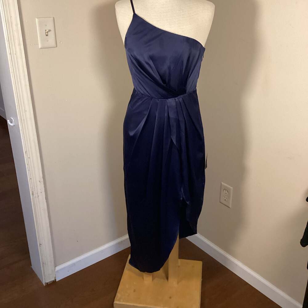 Lulus Law of Attraction Navy Blue One-Shoulder Asymmetrical Satin Midi Dress